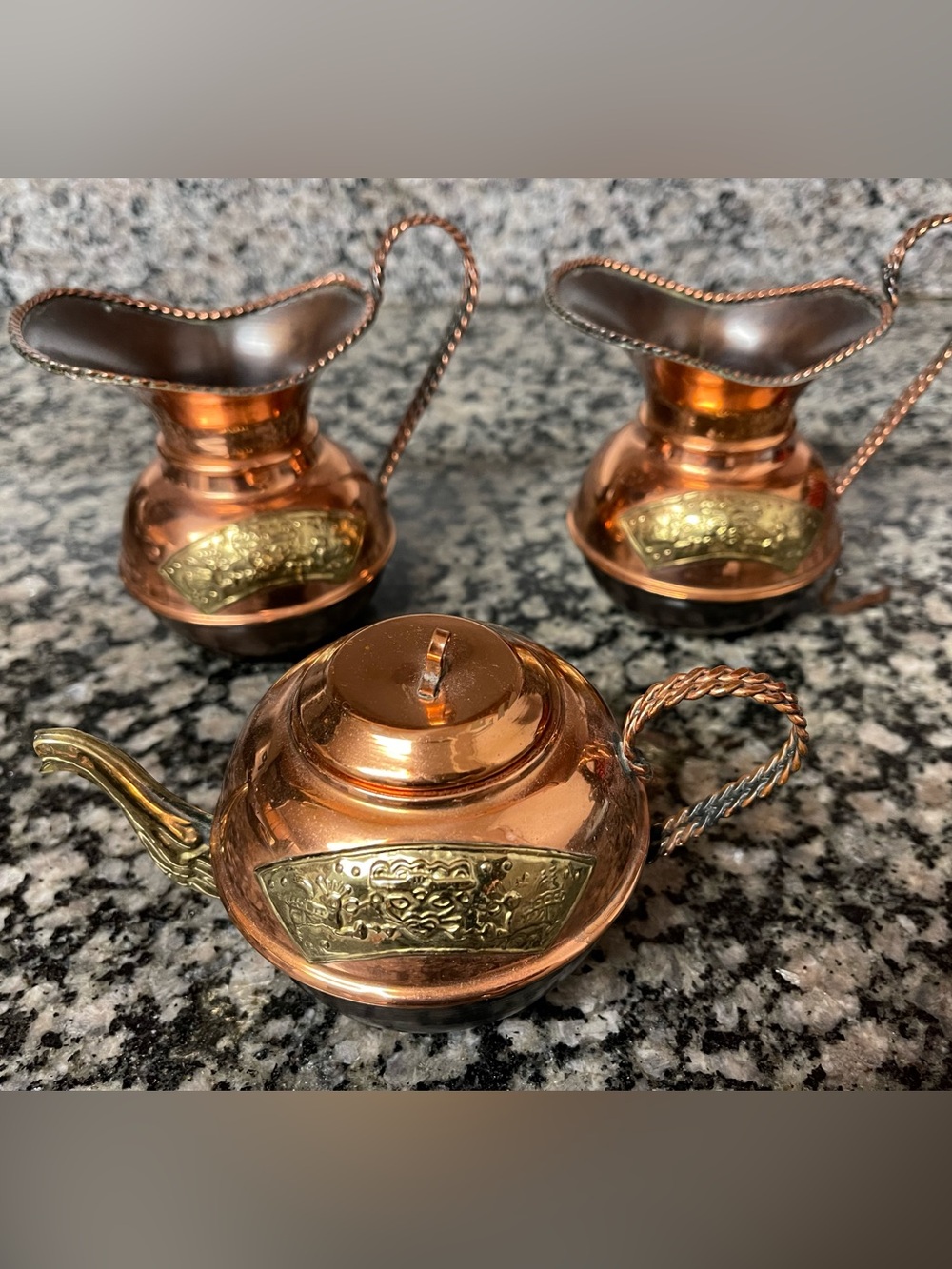 Copper Decorative tea set with Brass Accents. Made in Peru.